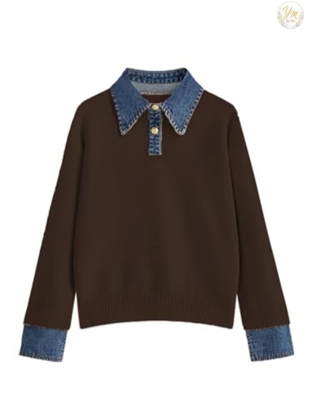Womens Oversized Denim Lapel Polo Sweater Long Sleeve Knit Pullover